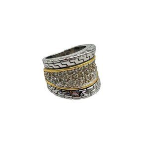 Two Tones Gold and Silver Color Wide Ring Size 6 Concave Design with Rhinestones
